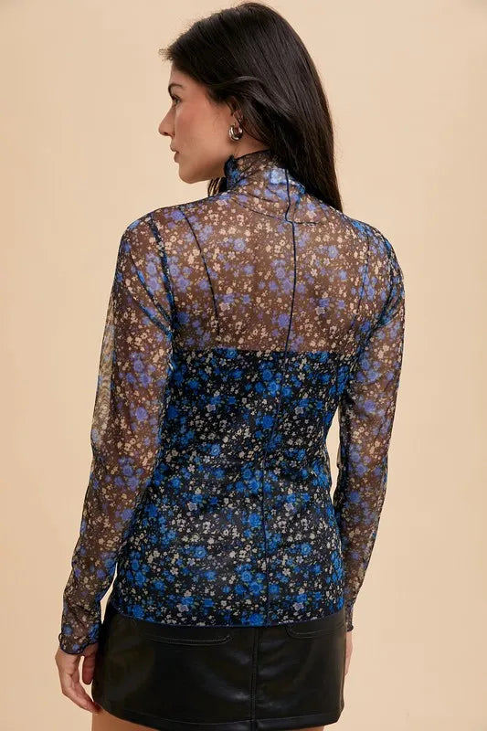 Annie Wear Floral Lettuce Hem Sheer Mesh Top | Tops Daverri Fashions