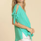 Umgee Cold Shoulder Short Sleeve Round Neck Top with Side Slits and Tie-able Knot Details Tops