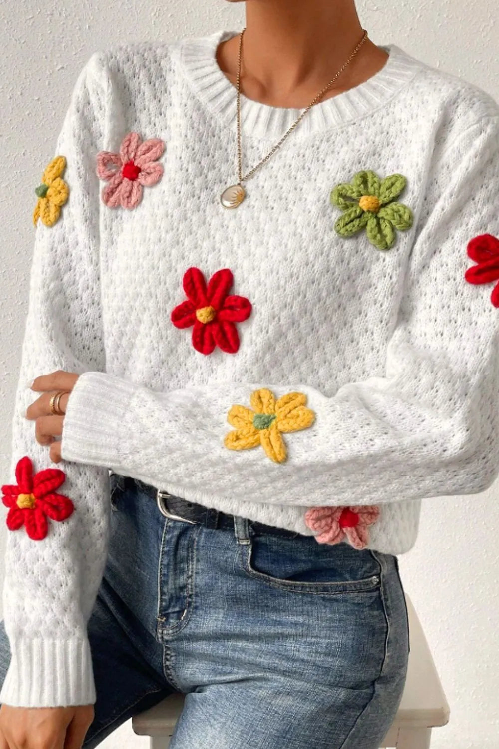 Crochet Flower Round Neck Long Sleeve Sweater | Sweaters Daverri Fashions