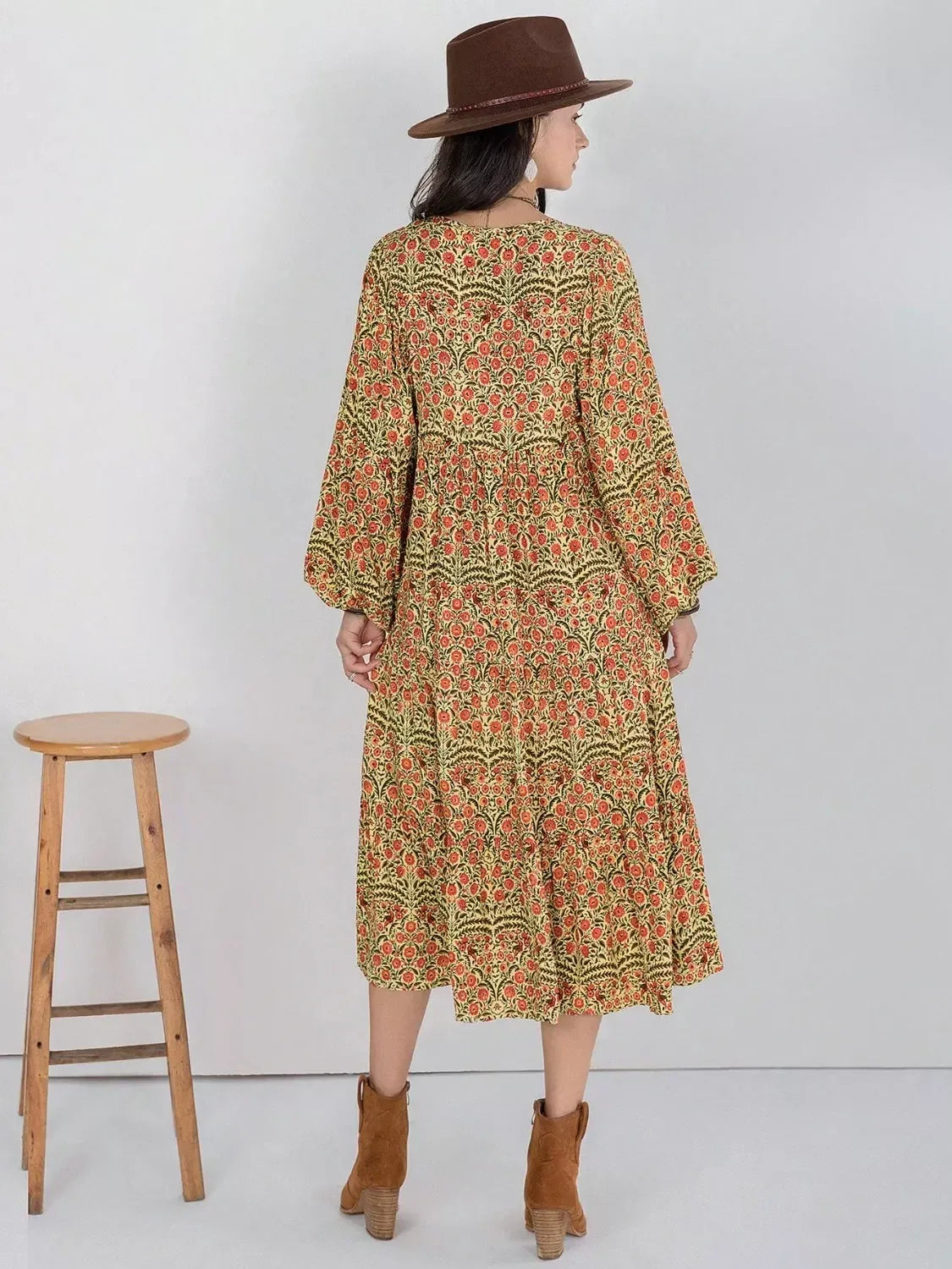 Floral Tiered Midi Dress with Balloon Sleeves - DAVERRI FASHIONS