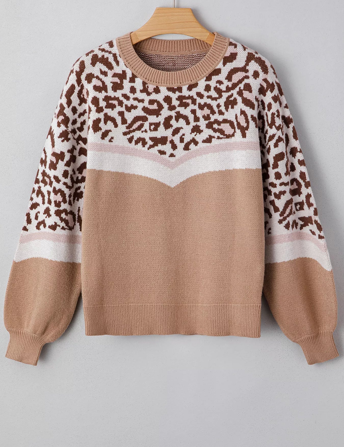 Leopard Color Block Knit Round Neck Baggy Sweater | Sweaters Daverri Fashions