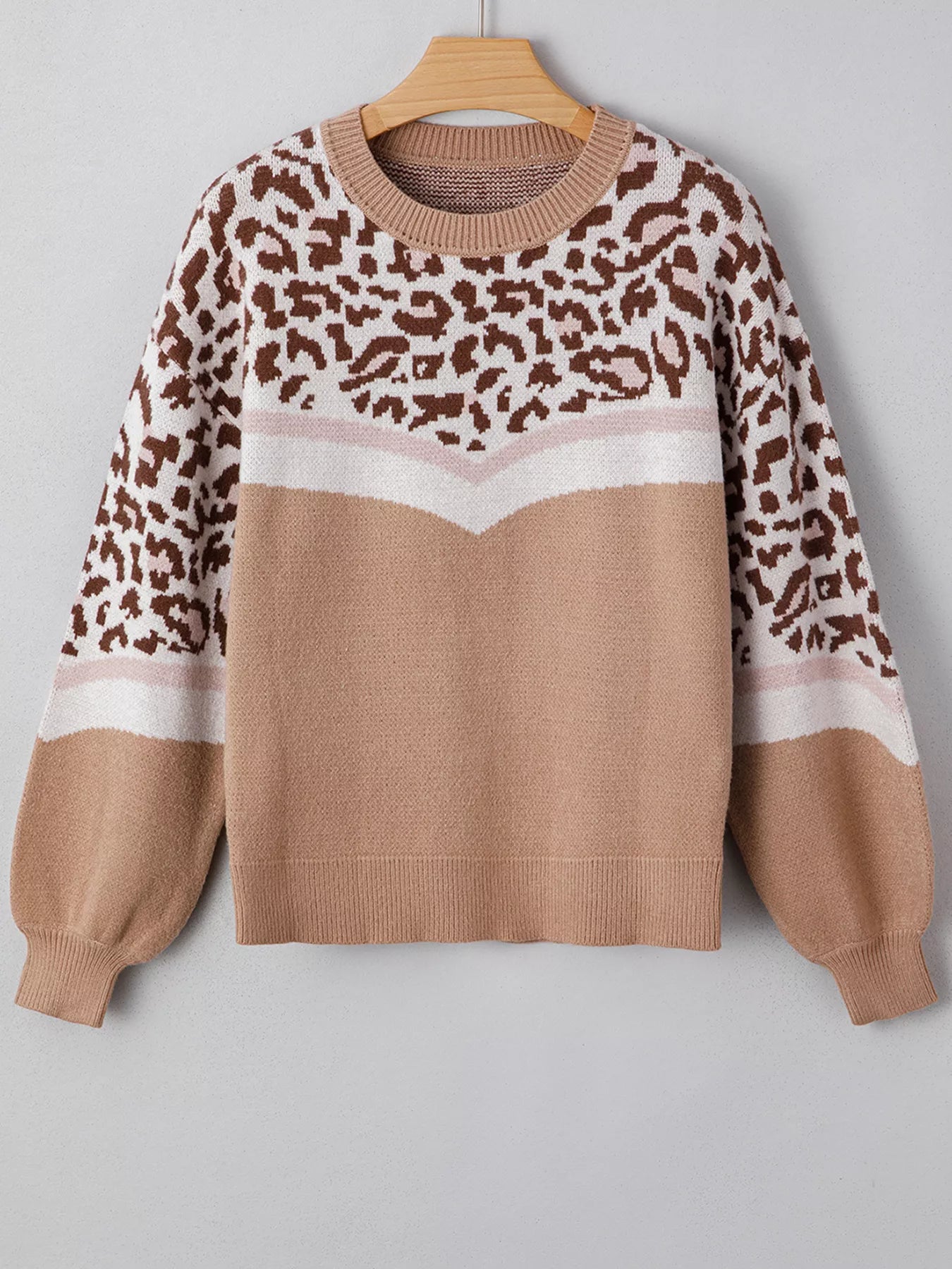 Leopard Color Block Knit Round Neck Baggy Sweater | Sweaters Daverri Fashions