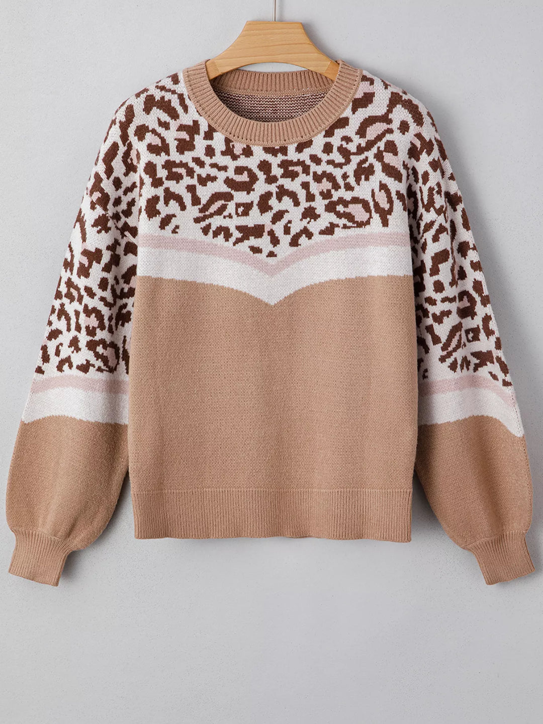 Leopard Color Block Knit Round Neck Baggy Sweater | Sweaters Daverri Fashions