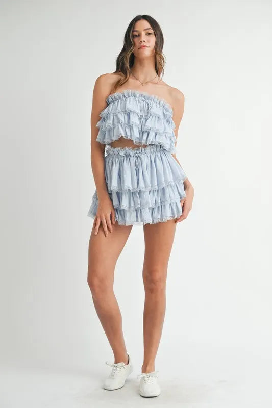 MABLE Ruffle Layered Crop Top and Mini Skirt Set Outfit Sets