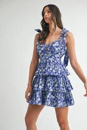 MABLE Floral Print Shoulder Tie Layered Mini Dress | Daverri Fashions
