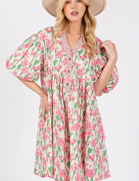 SAGE + FIG Floral Half Button Notched Puff Sleeve Dress Mini Dresses