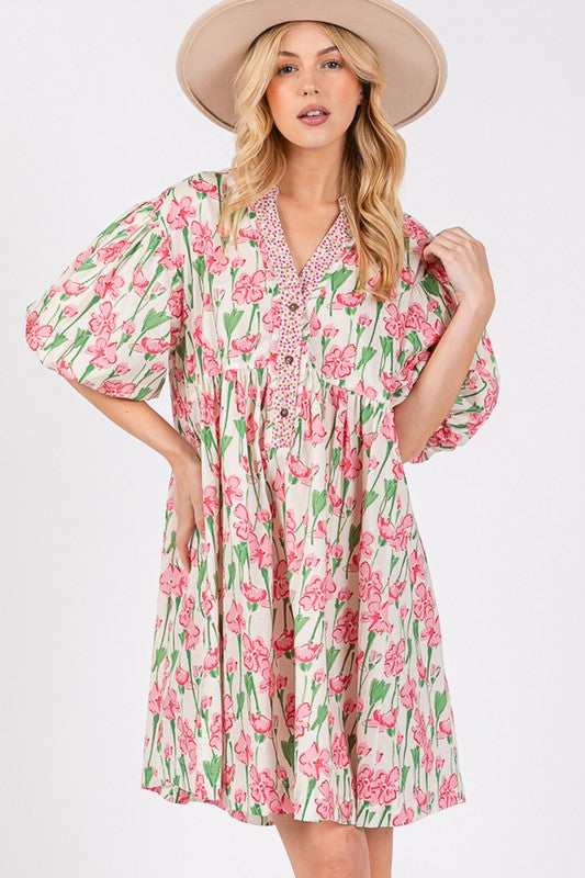 SAGE + FIG Floral Half Button Notched Puff Sleeve Dress Mini Dresses