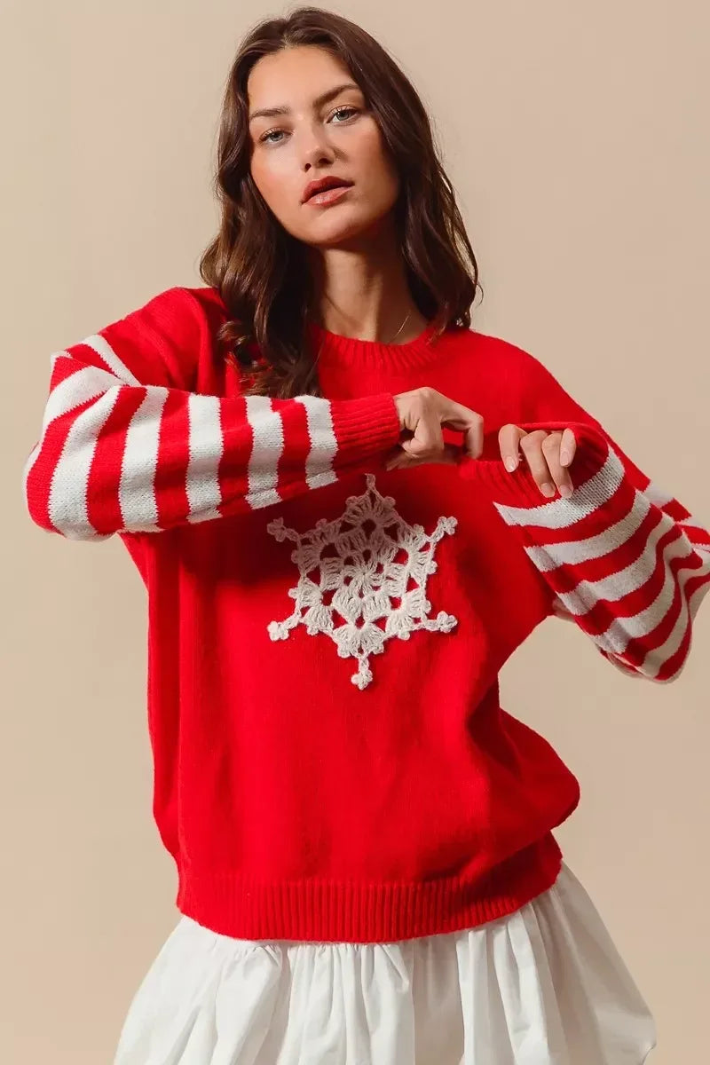 SO ME Christmas Snowflake Crochet Embellished Sweater - DAVERRI FASHIONS
