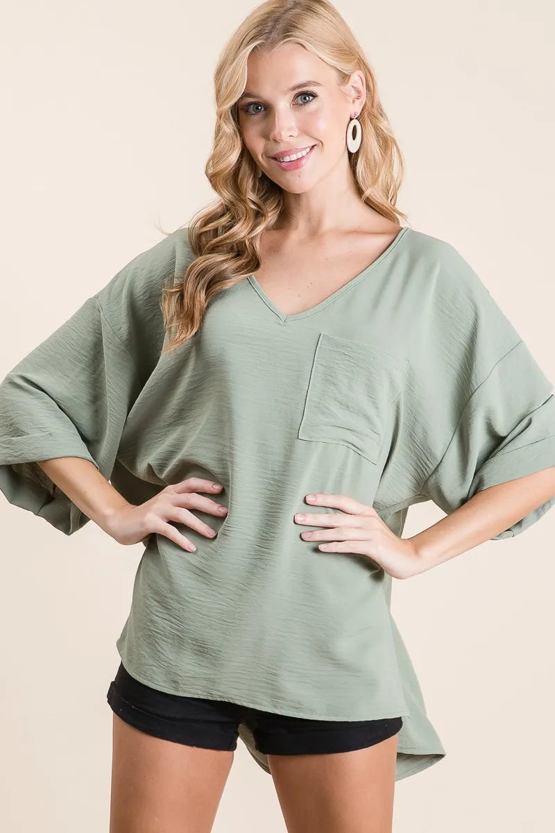 BiBi Flowy Woven V-Neck Top with Rolled Up Cuffs Tops