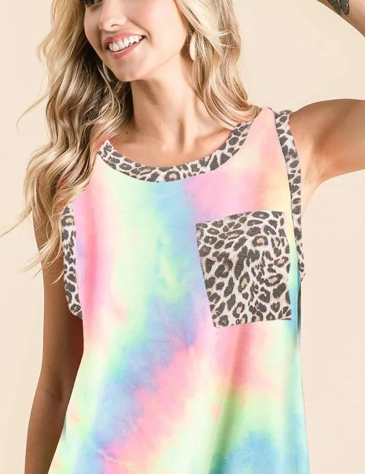 BiBi Sleeveless Tie Dye Top With Leopard Band | Tops Daverri Fashions