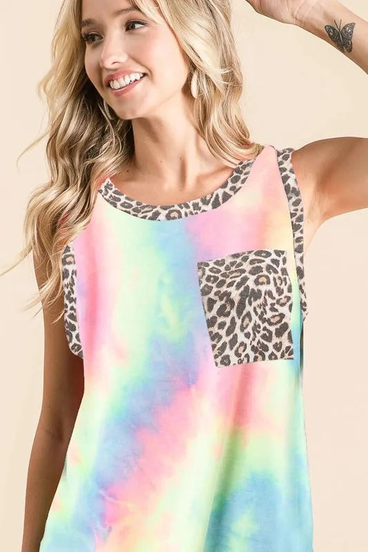 BiBi Sleeveless Tie Dye Top With Leopard Band Tank Tops