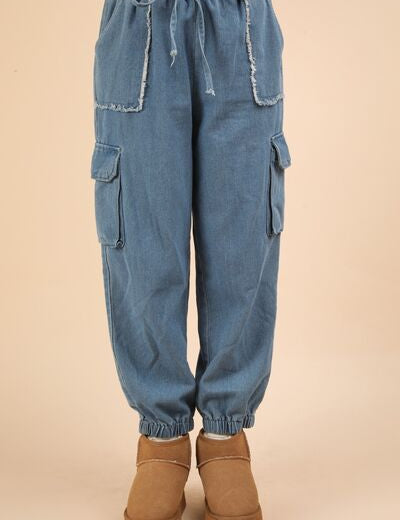 VERY J Washed Drawstring Jogger Cargo Jeans Indigo Jeans