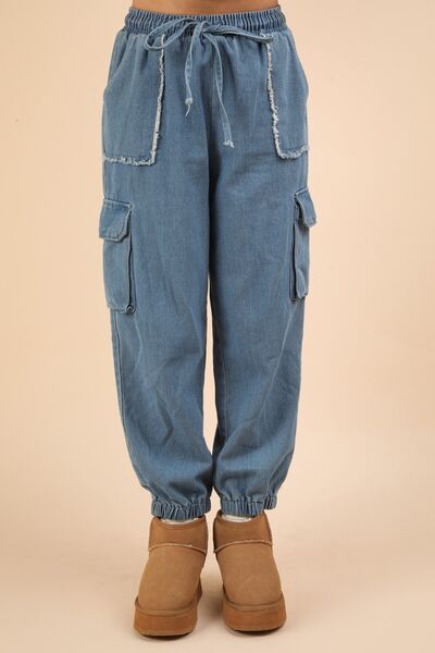 VERY J Washed Drawstring Jogger Cargo Jeans Indigo Jeans