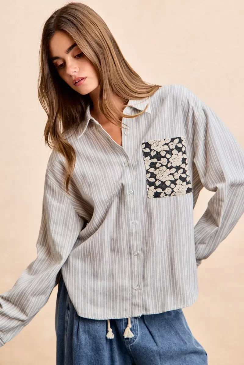 BiBi Flower Jacquard Knit Patch Pocket Stripe Shirt in light gray and white stripes