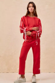 Red BiBi side-lined drawstring fleece sweatpants with white stripes