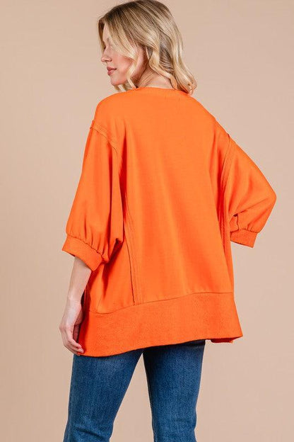 Ces Femme Orange Side Slit Drop Shoulder Puff Sleeve Sweatshirt - DAVERRI FASHIONS