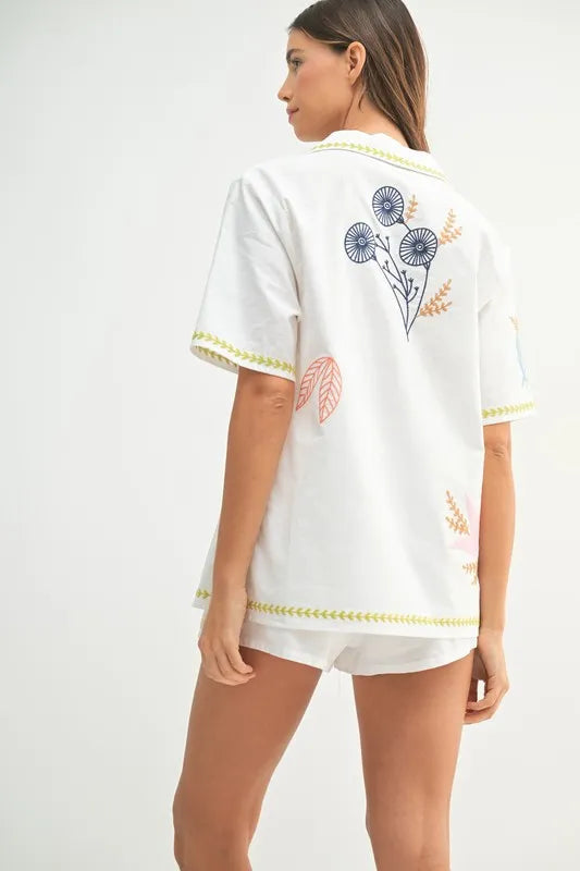 MABLE Embroidered Button Down Shirt and Shorts Set Outfit Sets