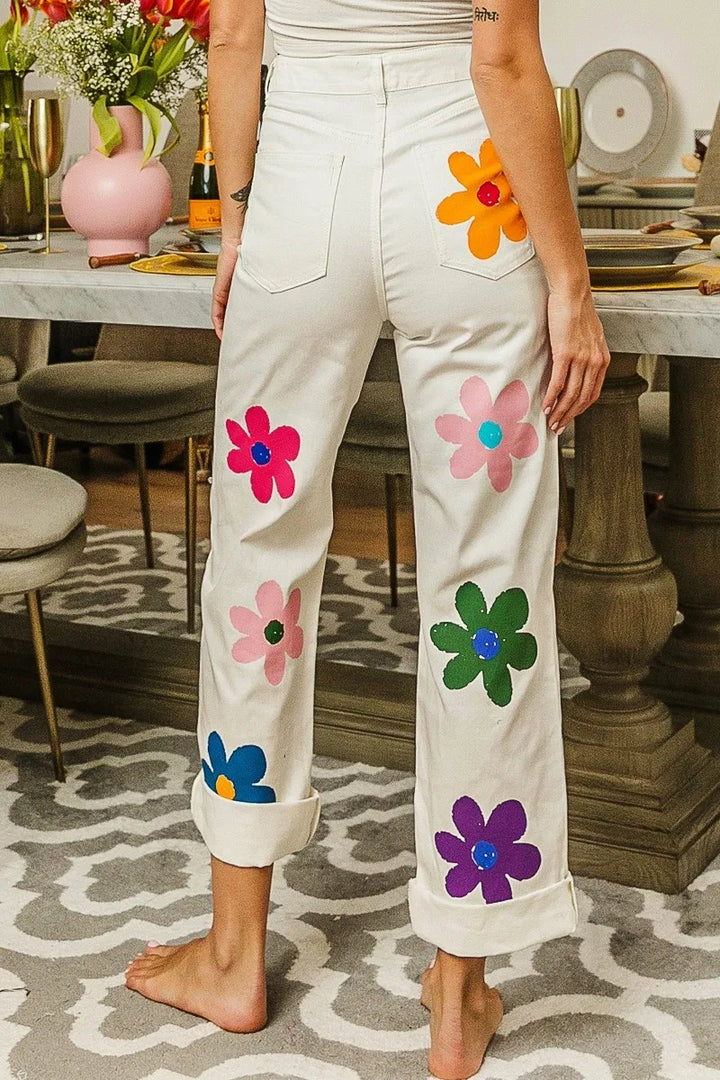 BiBi Flower Print Straight Legs Pants Pants
