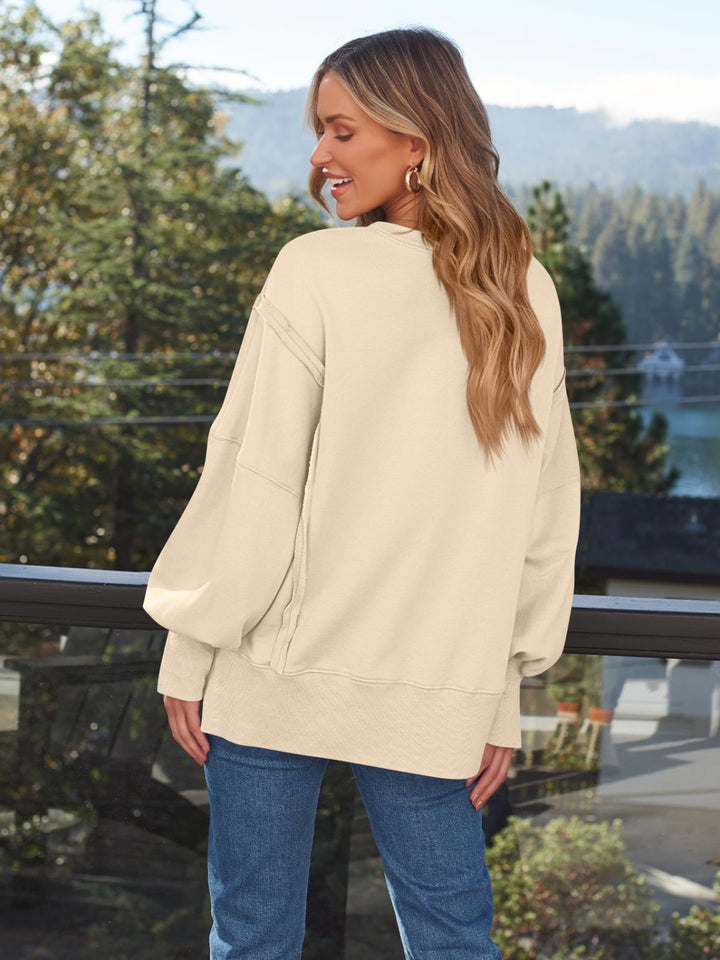 Slit Round Neck Long Sleeve Sweatshirt Tops