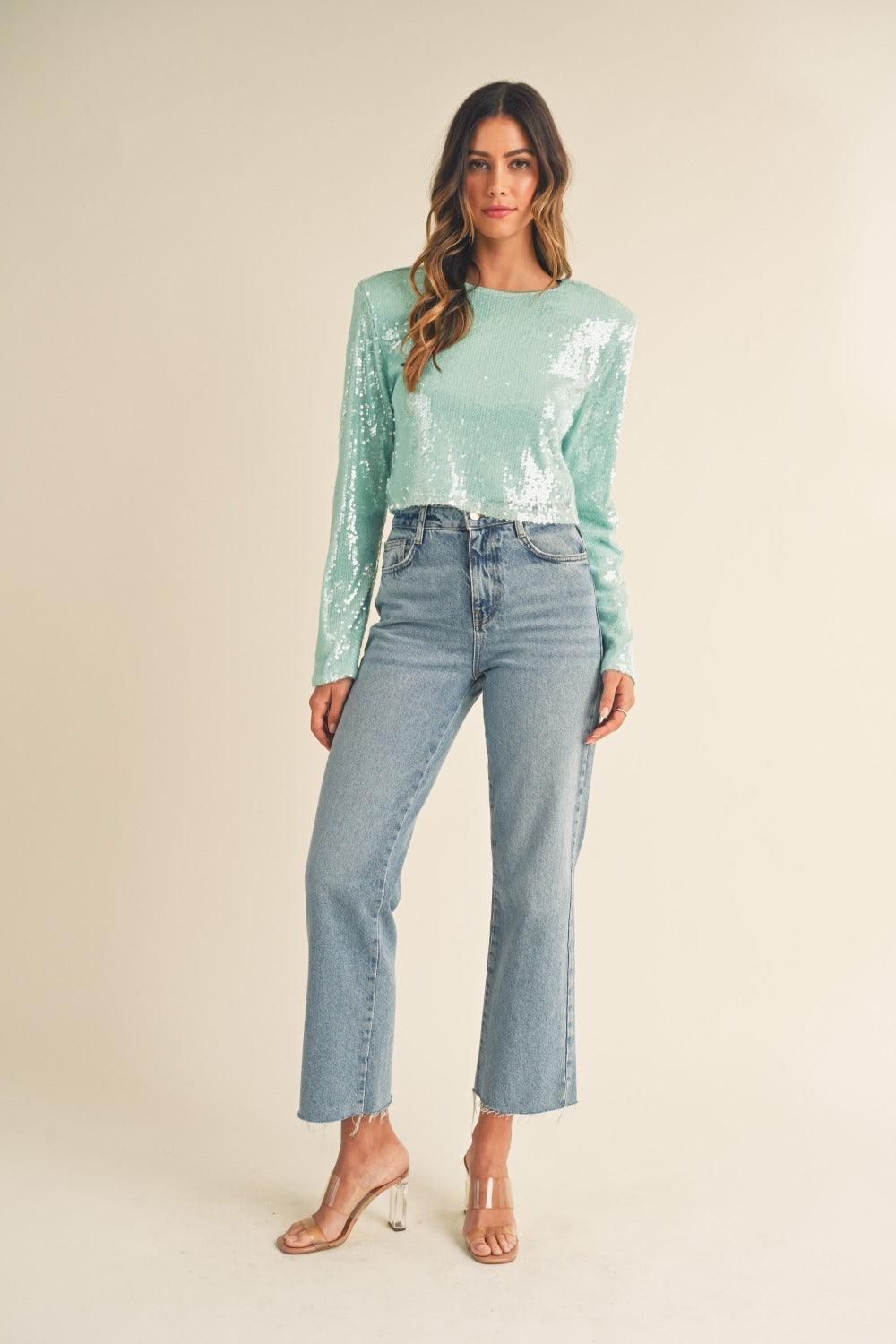 MABLE Shoulder Padded Sequin Crop Top | Tops Daverri Fashions