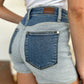Back view of Judy Blue full size color block high-waisted denim shorts