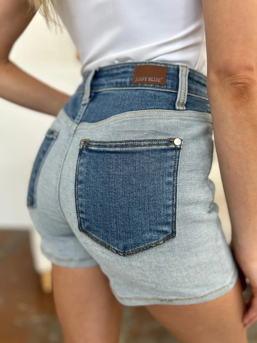 Back view of Judy Blue full size color block high-waisted denim shorts