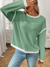 Gum Leaf Ribbed Contrast Trim Long Sleeve Top | Knit Tops Daverri Fashions