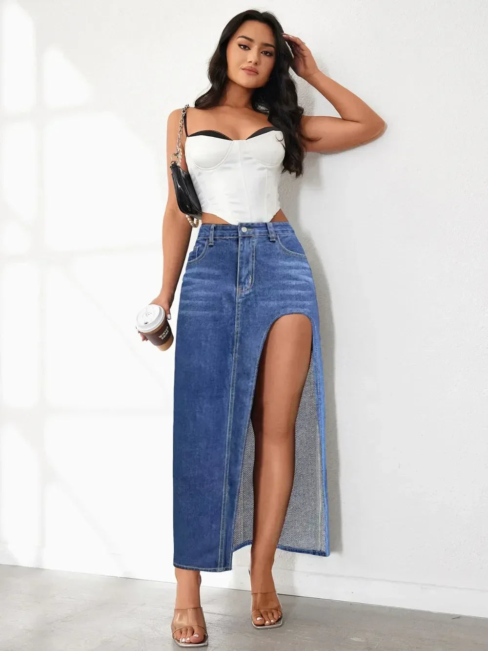 High Rise Slit Denim Skirt - DAVERRI FASHIONS