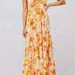 Floral print tie front tiered maxi dress in peach with orange yellow flowers