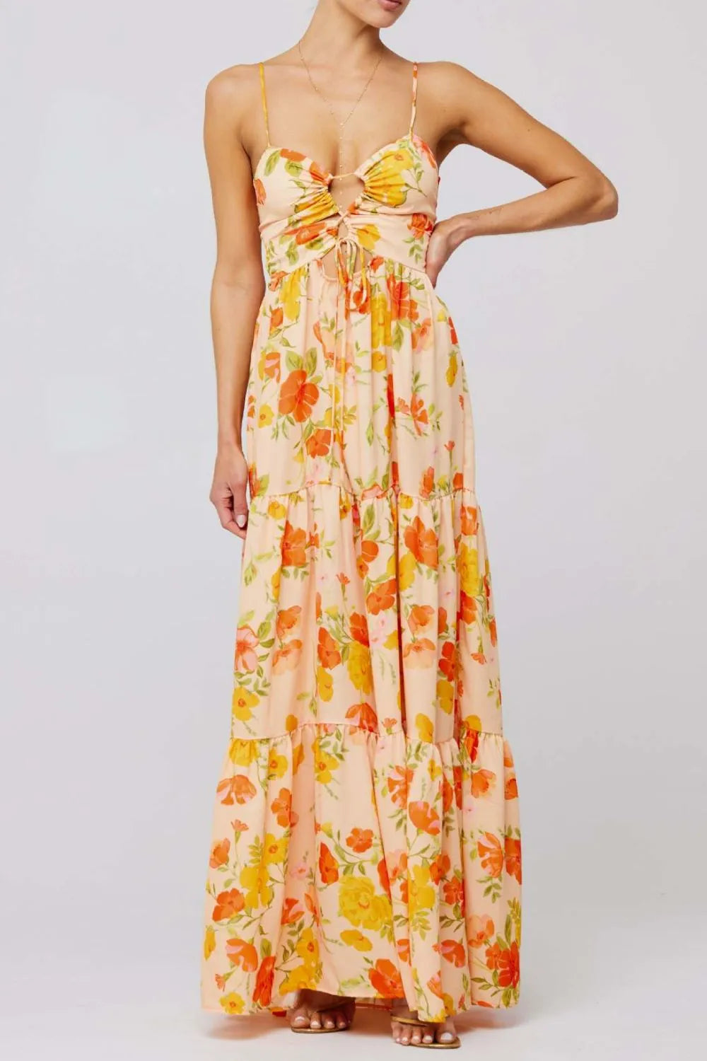 Floral print tie front tiered maxi dress in peach with orange yellow flowers