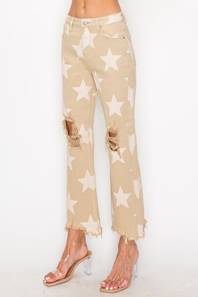 RISEN Full Size High Rise Star Printed Frayed Hem Jeans Jeans