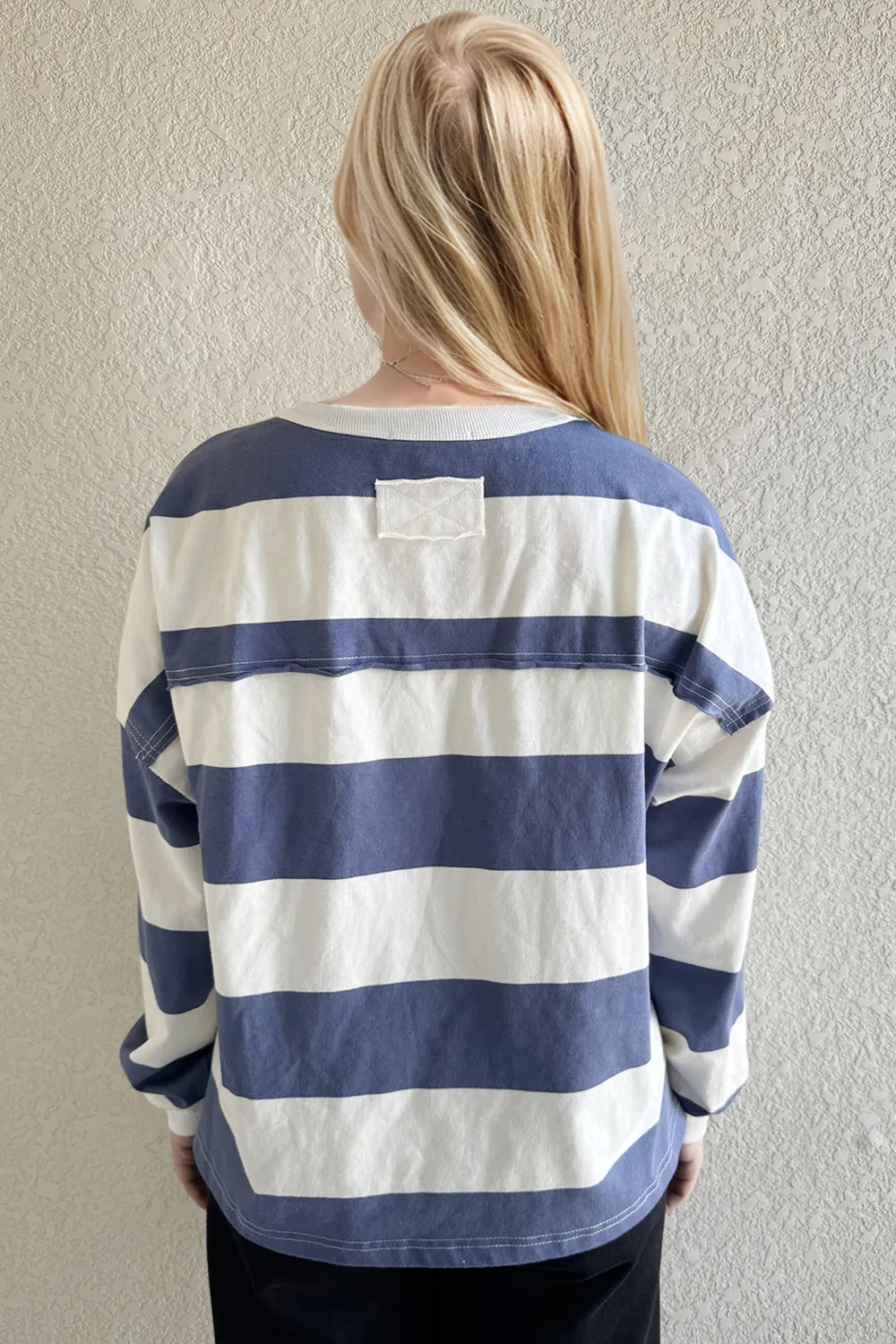 Oh Pima Cotton Wash Exposed Seam Contrast Striped Round Neck Long Sleeve T-Shirt T-Shirts