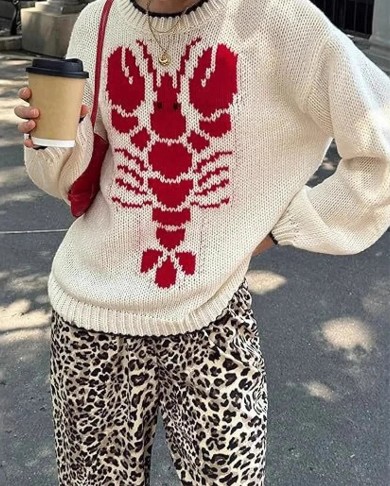 Apricot Full Size Lobster Contrast Trim Round Neck Sweater Plus Size | Sweaters Daverri Fashions