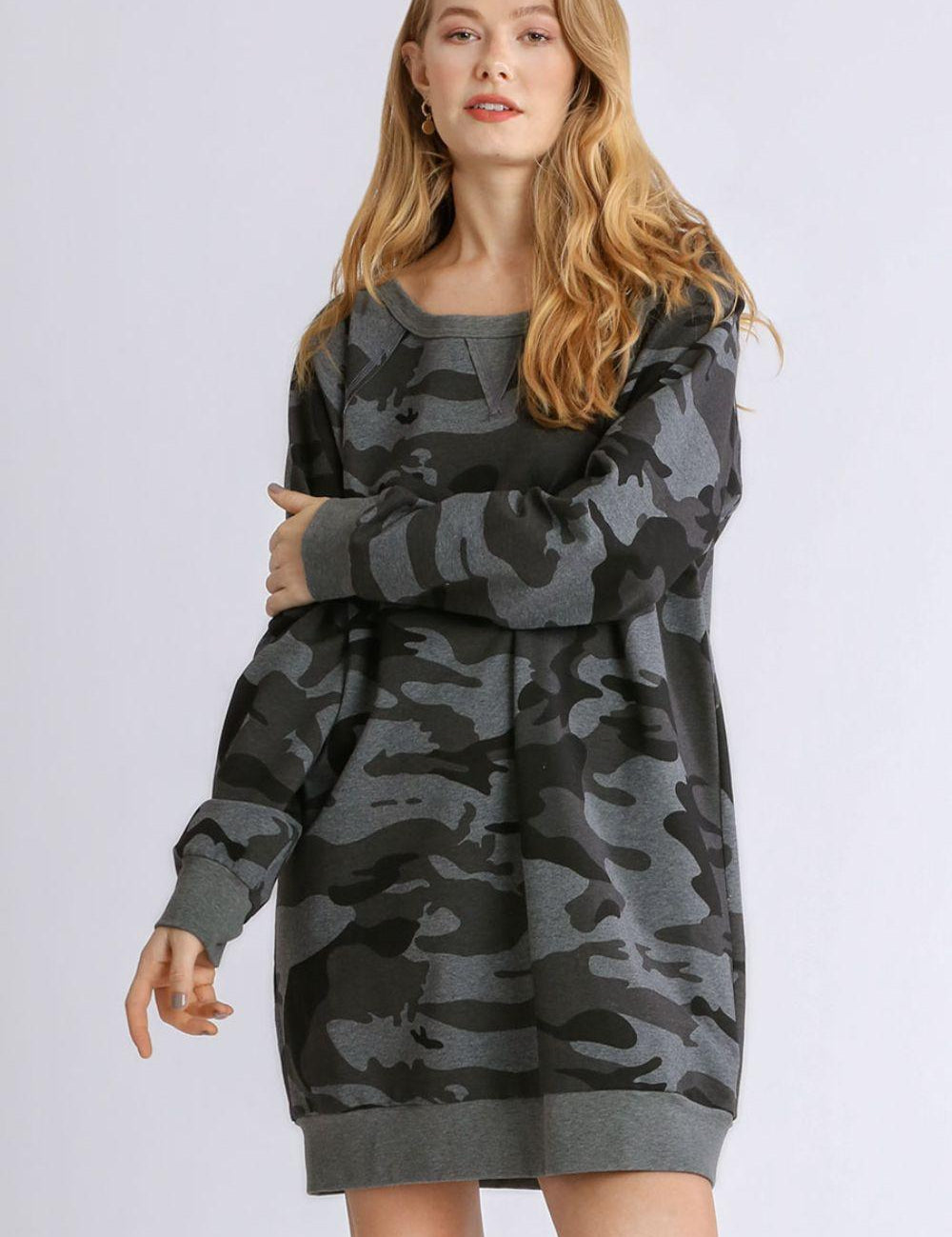 Umgee Full Size Camo Print Ribbed Hem French Terry Mini Dress Plus Size | Daverri Fashions