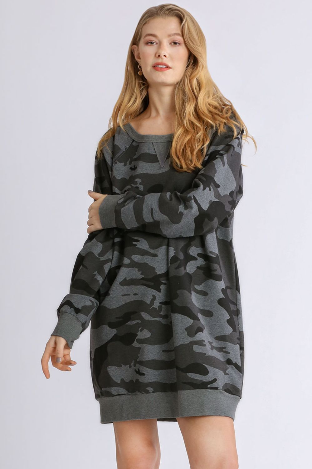 Umgee Full Size Camo Print Ribbed Hem French Terry Mini Dress Plus Size