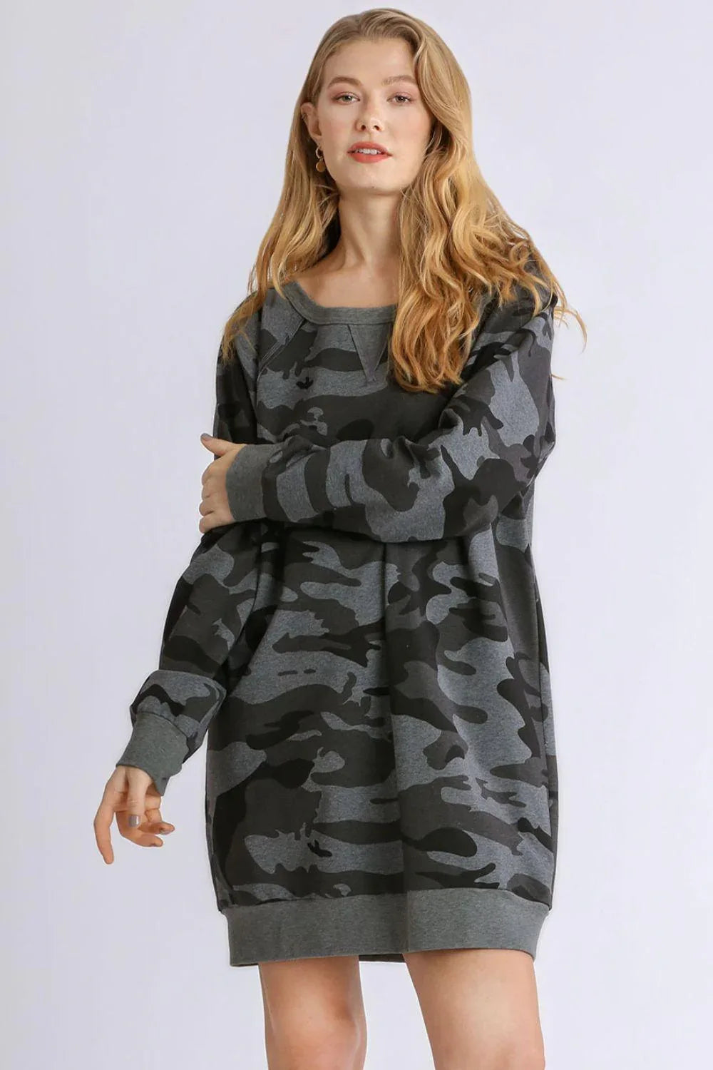 Umgee Full Size Camo Print Ribbed Hem French Terry Mini Dress Plus Size - DAVERRI FASHIONS