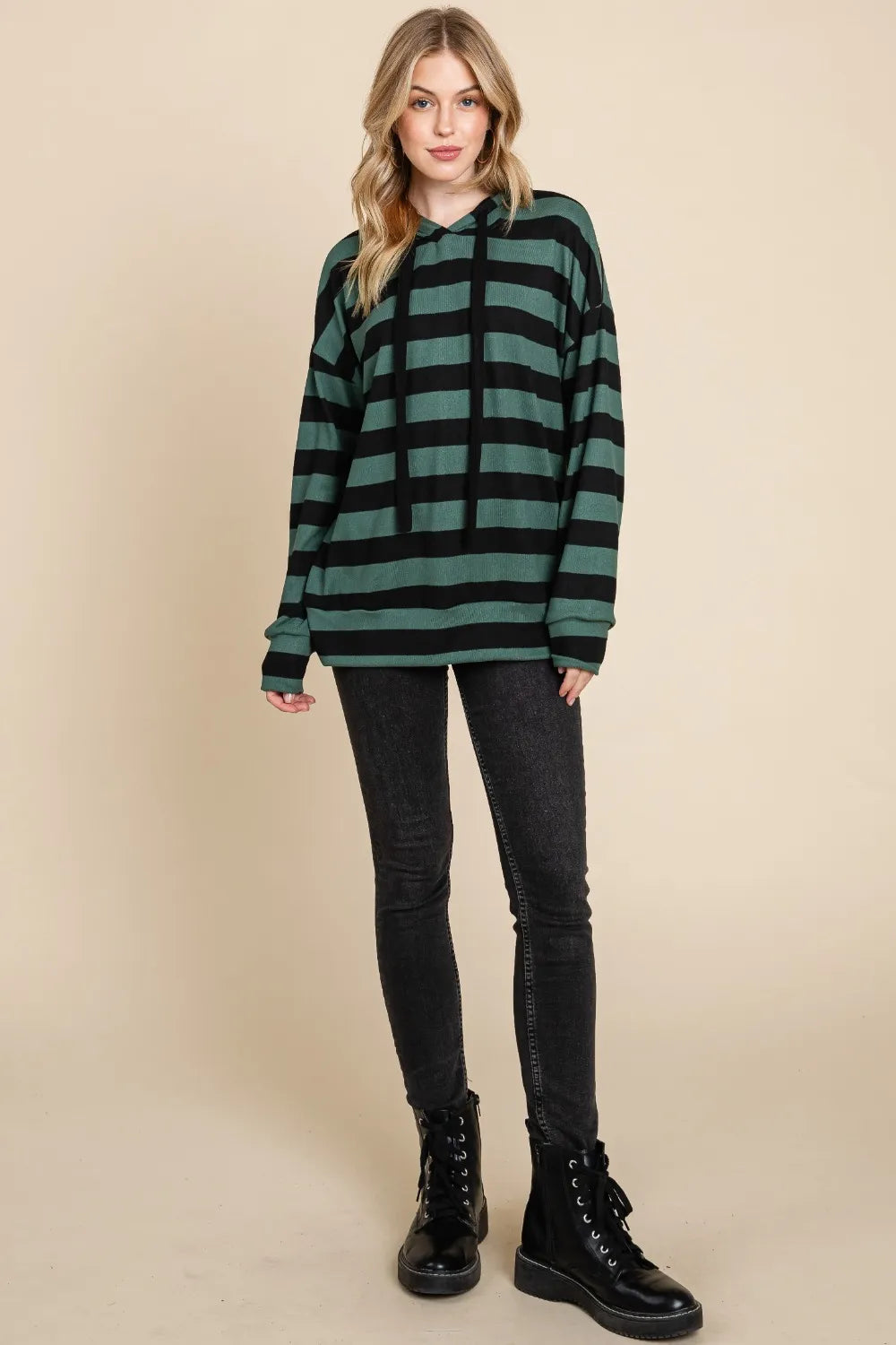 BOMBOM Drawstring Striped Dropped Shoulder Hoodie | Hoodies Daverri Fashions