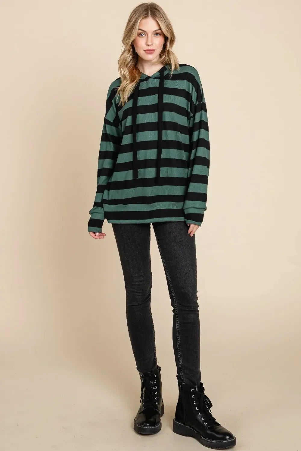 BOMBOM Drawstring Striped Dropped Shoulder Hoodie - DAVERRI FASHIONS