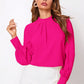 Fuchsia ruched mock neck long sleeve blouse with pleated collar
