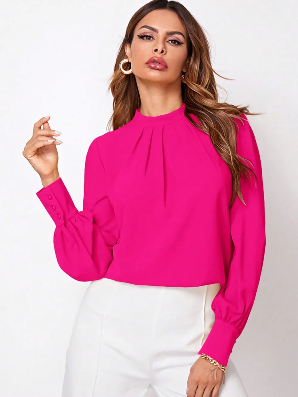 Fuchsia ruched mock neck long sleeve blouse with pleated collar