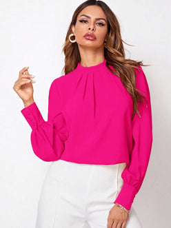 Fuchsia ruched mock neck long sleeve blouse with pleated collar