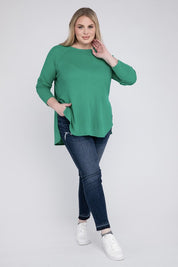 Plus Melange Baby Waffle Long Sleeve Top Plus Tops