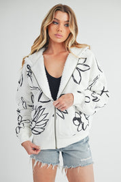 Aemi + Co Flower Print Zip Up Sherpa Hoodie Ivory Hoodies