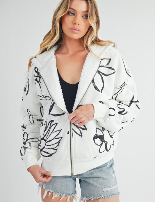 Aemi + Co Flower Print Zip Up Sherpa Hoodie Ivory Hoodies