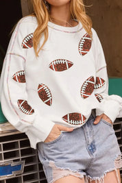 White Sequin Football Round Neck Long Sleeve Sweatshirt | Sweatshirts Daverri Fashions