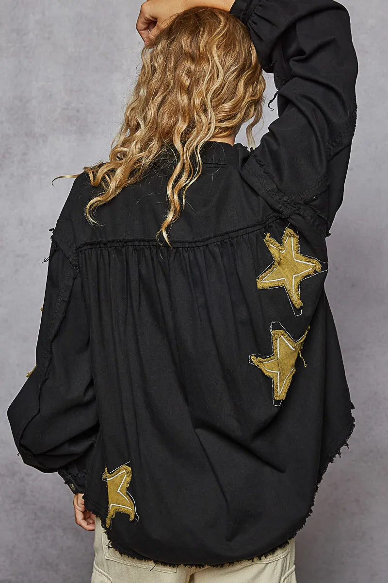 POL Star Patch Raw Hem Button Up Denim Jacket Denim Jackets