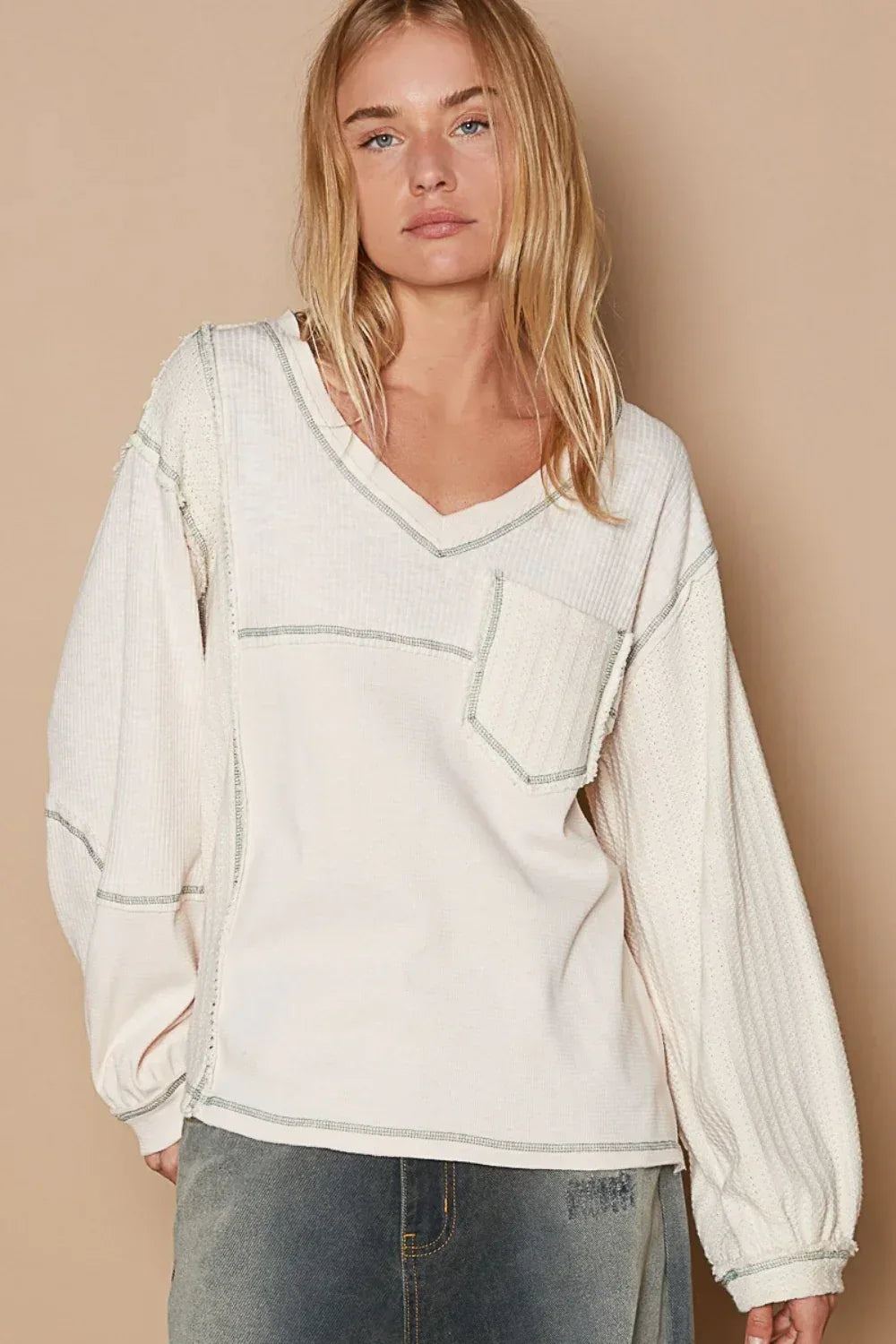 POL V-Neck knit Panel Exposed Seam Top - DAVERRI FASHIONS