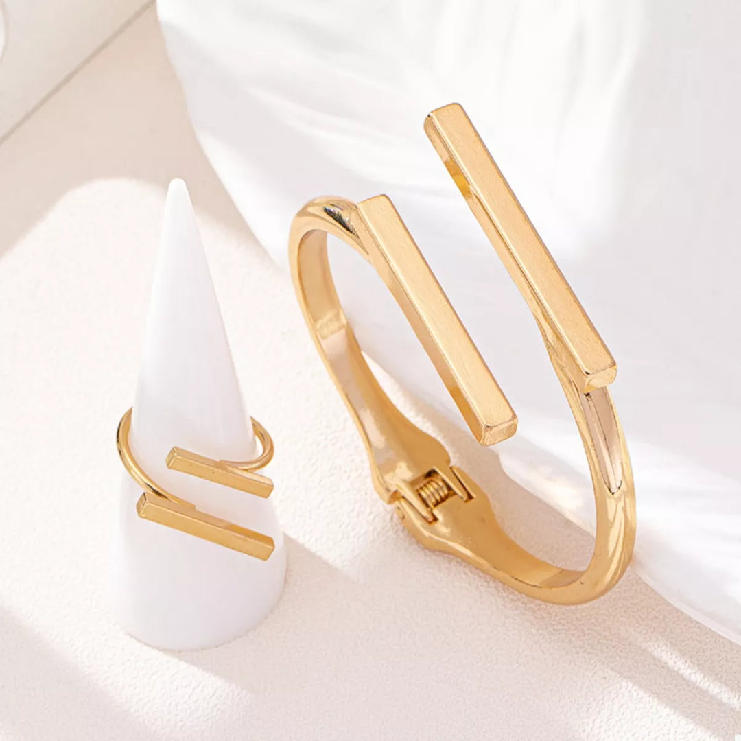 Adjustable 18K Gold-Plated Modern Bar Bracelet and Ring Jewelry Set | Jewelry Sets Daverri Fashions