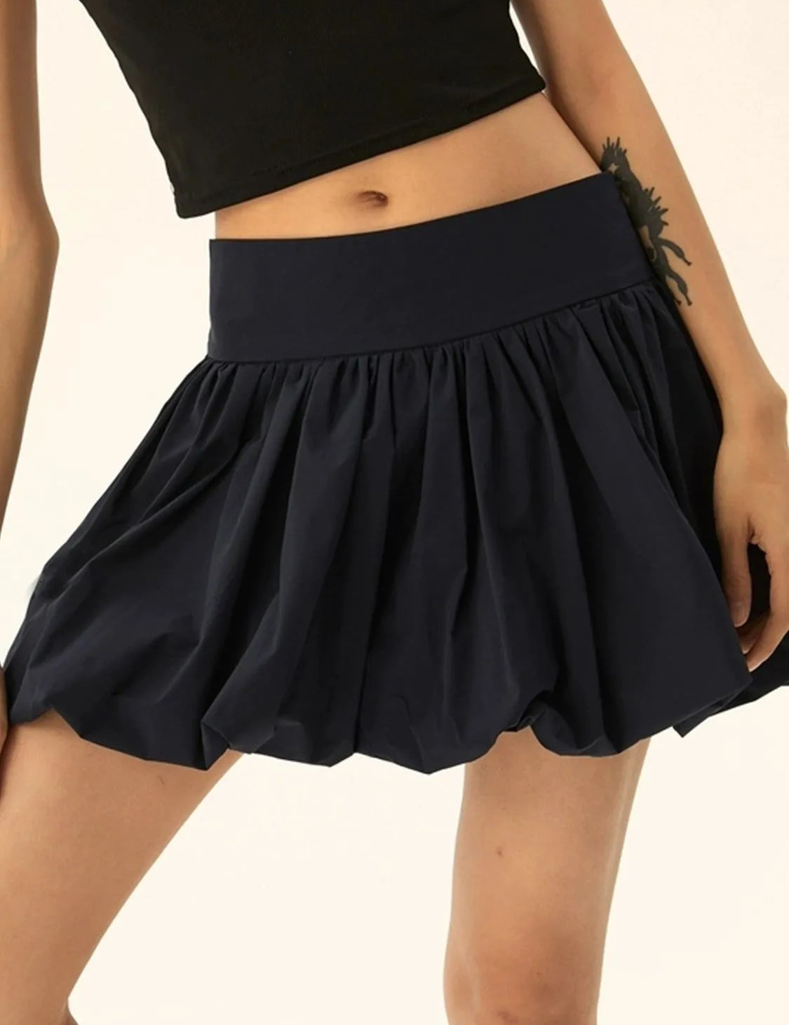 Black Ruched Bubble Hem Mini Skirt | Skirts Daverri Fashions