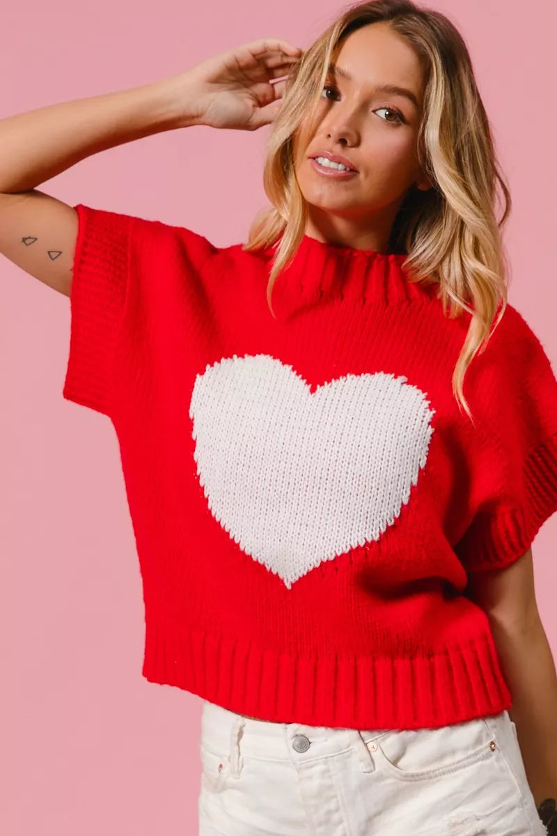Vibrant red BiBi Rib Banded Heart Pattern Valentines Sweater with white heart applique